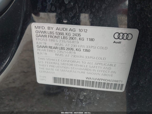 Aukcja sprzedaży 2013 Audi Q5 2.0t Premium, vin: WA1LFAFP6DA028871, numer aukcji: 45927755