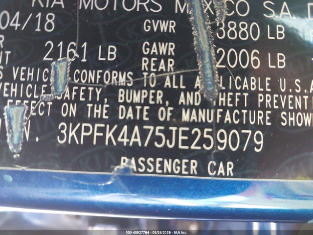 Продажа на аукционе авто 2018 Kia Forte Lx, vin: 3KPFK4A75JE259079, номер лота: 45927764