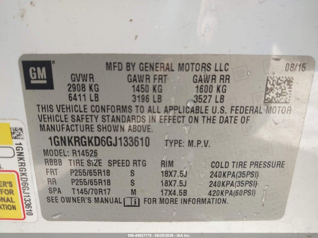 45927775 :رقم المزاد ، 1GNKRGKD6GJ133610 vin ، 2016 Chevrolet Traverse 1lt مزاد بيع