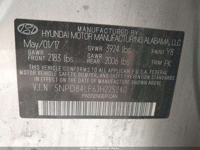 45927776 :رقم المزاد ، 5NPD84LF6JH225240 vin ، 2018 Hyundai Elantra Sel مزاد بيع