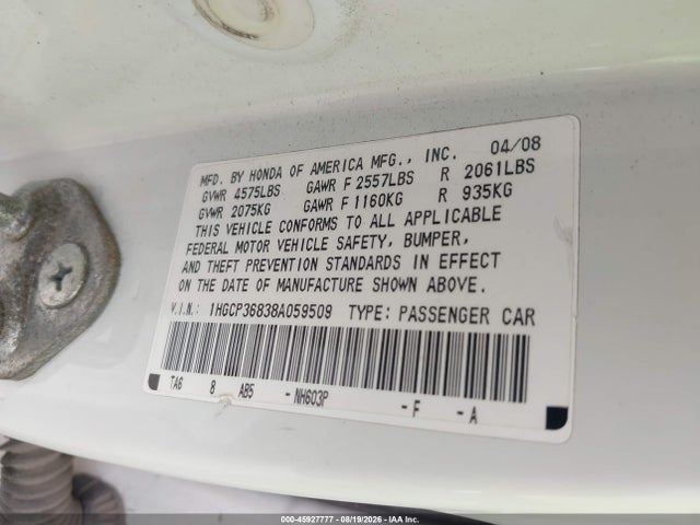 Aukcja sprzedaży 2008 Honda Accord 3.5 Ex-l, vin: 1HGCP36838A059509, numer aukcji: 45927777