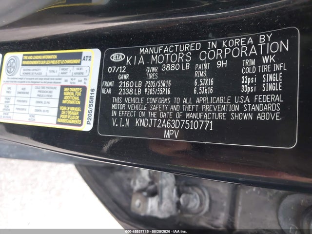 45927785 :رقم المزاد ، KNDJT2A63D7510771 vin ، 2013 Kia Soul + مزاد بيع