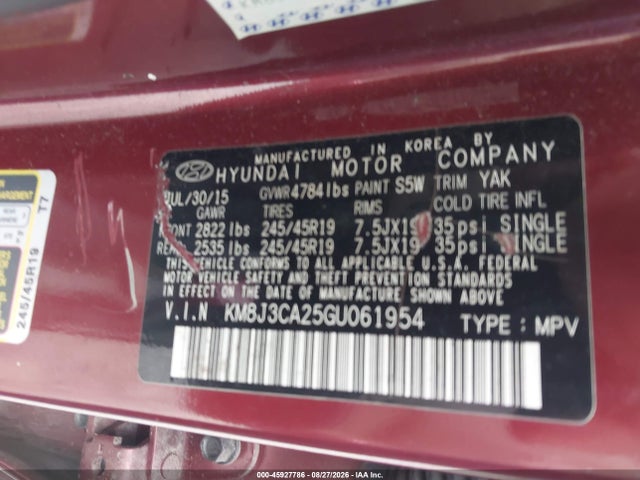 Продажа на аукционе авто 2016 Hyundai Tucson Limited, vin: KM8J3CA25GU061954, номер лота: 45927786