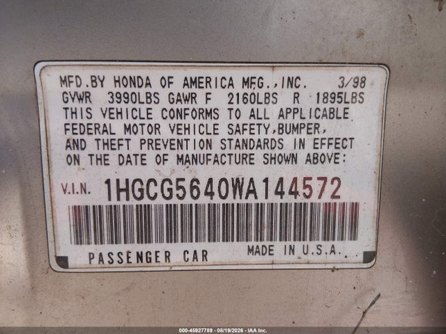 1998 Honda Accord Lx მანქანა იყიდება აუქციონზე, vin: 1HGCG5640WA144572, აუქციონის ნომერი: 45927789
