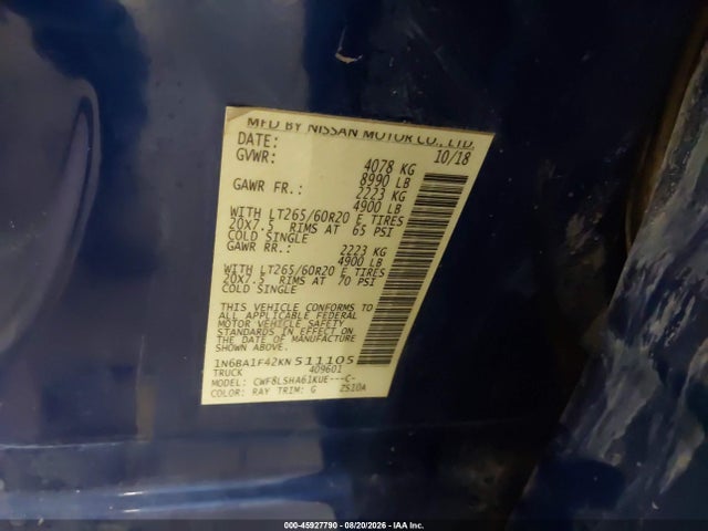 45927790 :رقم المزاد ، 1N6BA1F42KN511105 vin ، 2019 Nissan Titan Xd Sv Diesel مزاد بيع