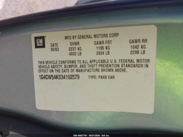 Продажа на аукционе авто 2003 Buick Park Avenue, vin: 1G4CW54K034192579, номер лота: 45927791