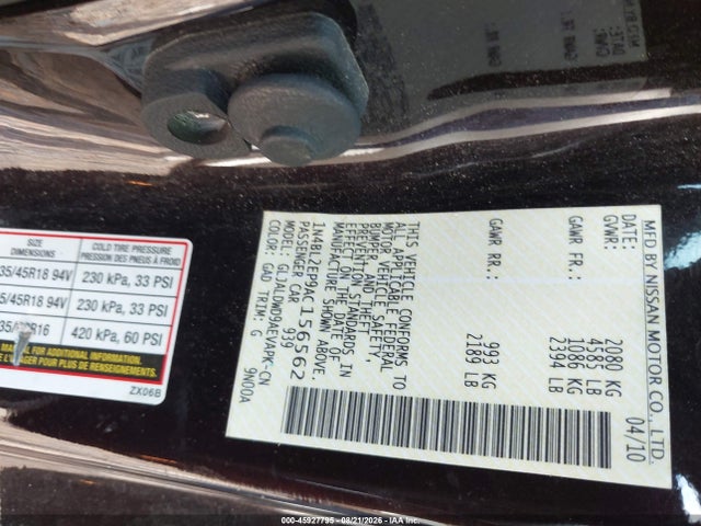 2010 Nissan Altima 3.5 Sr მანქანა იყიდება აუქციონზე, vin: 1N4BL2EP9AC156562, აუქციონის ნომერი: 45927795