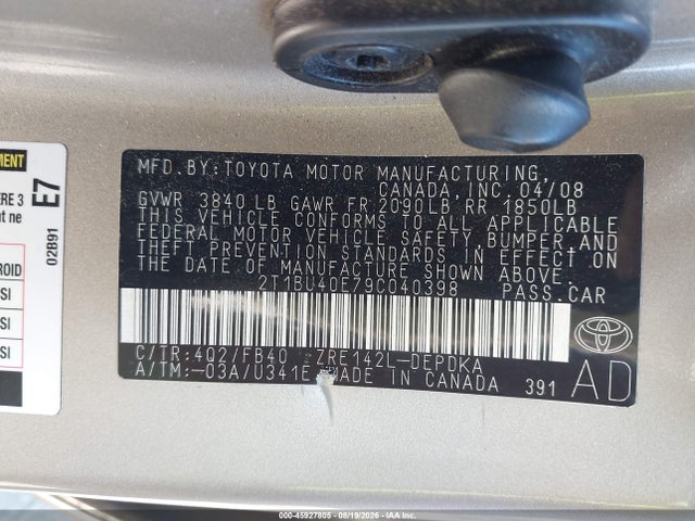 45927805 :رقم المزاد ، 2T1BU40E79C040398 vin ، 2009 Toyota Corolla Le مزاد بيع