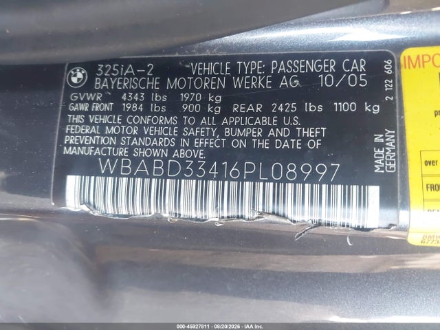 Aukcja sprzedaży 2006 Bmw 325ci, vin: WBABD33416PL08997, numer aukcji: 45927811