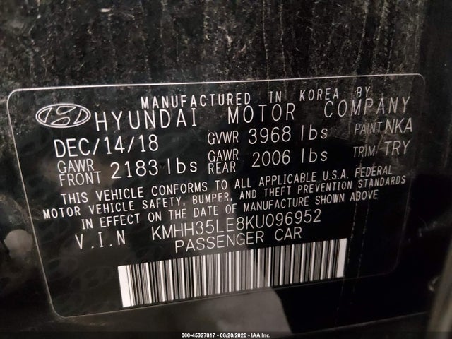 2019 Hyundai Elantra Gt მანქანა იყიდება აუქციონზე, vin: KMHH35LE8KU096952, აუქციონის ნომერი: 45927817