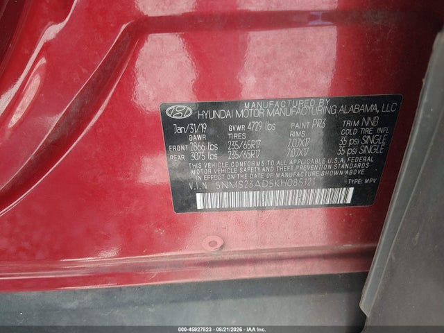 2019 Hyundai Santa Fe Se მანქანა იყიდება აუქციონზე, vin: 5NMS23AD5KH085121, აუქციონის ნომერი: 45927823