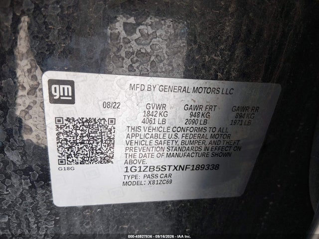 45927836 :رقم المزاد ، 1G1ZB5STXNF189338 vin ، 2022 Chevrolet Malibu Fwd Ls مزاد بيع