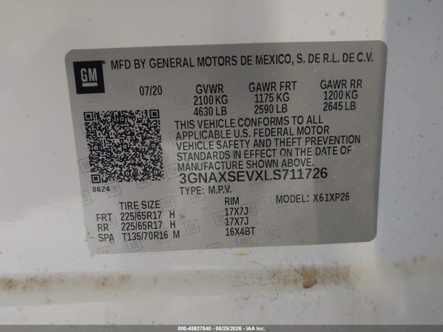 Продаж на аукціоні авто 2020 Chevrolet Equinox Awd Ls, vin: 3GNAXSEVXLS711726, номер лоту: 45927840
