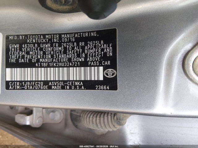 2017 Toyota Camry Le მანქანა იყიდება აუქციონზე, vin: 4T1BF1FK2HU324721, აუქციონის ნომერი: 45927841