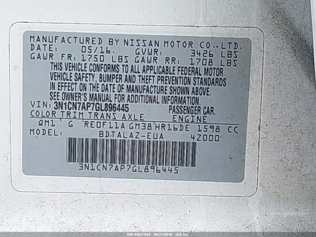 2016 Nissan Versa 1.6 S+ მანქანა იყიდება აუქციონზე, vin: 3N1CN7AP7GL896445, აუქციონის ნომერი: 45927845
