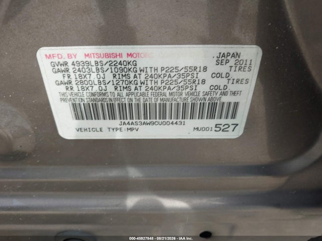 2012 Mitsubishi Outlander Se მანქანა იყიდება აუქციონზე, vin: JA4AS3AW9CU004431, აუქციონის ნომერი: 45927848