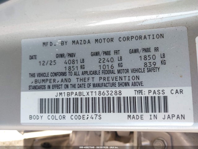 Продажа на аукционе авто 2026 Mazda 3 Select Sport, vin: JM1BPABLXT1863288, номер лота: 45927849