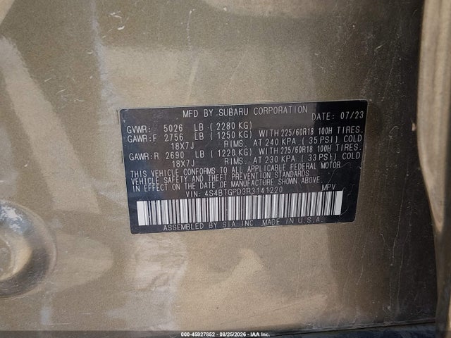 45927852 :رقم المزاد ، 4S4BTGPD3R3141220 vin ، 2024 Subaru Outback Touring Xt مزاد بيع