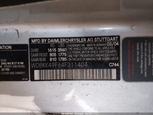 45927853 :رقم المزاد ، WDBKK49F64F311404 vin ، 2004 Mercedes-benz Slk 230 Kompressor مزاد بيع