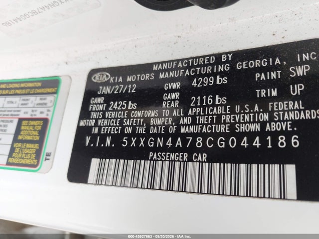 2012 Kia Optima Ex მანქანა იყიდება აუქციონზე, vin: 5XXGN4A78CG044186, აუქციონის ნომერი: 45927863