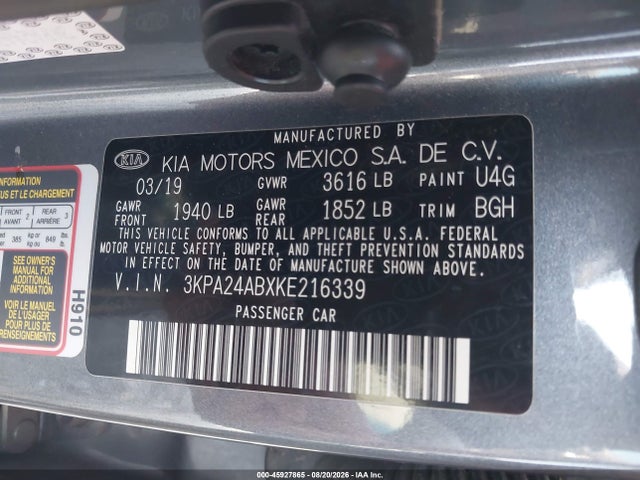 2019 Kia Rio S მანქანა იყიდება აუქციონზე, vin: 3KPA24ABXKE216339, აუქციონის ნომერი: 45927865