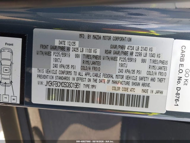 45927868 :رقم المزاد ، JM3KFBCM0S0801961 vin ، 2025 Mazda Cx-5 2.5 S Carbon Edition مزاد بيع