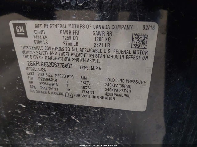 2016 Chevrolet Equinox Ltz მანქანა იყიდება აუქციონზე, vin: 2GNFLGE32G6275407, აუქციონის ნომერი: 45927875