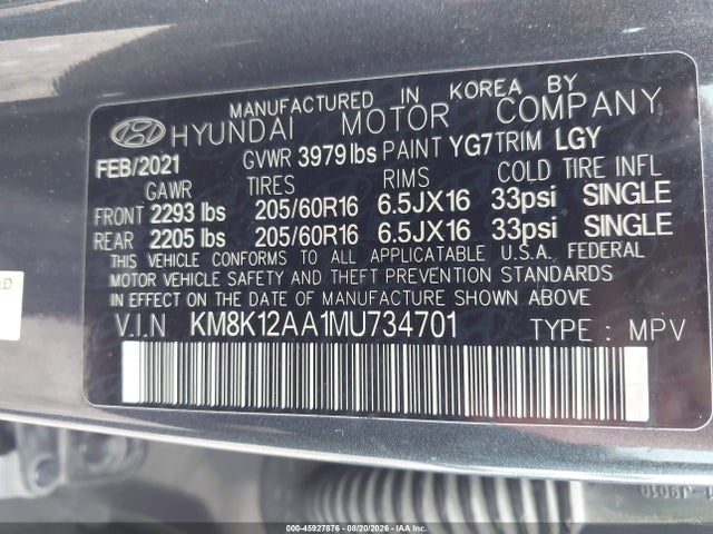 Aukcja sprzedaży 2021 Hyundai Kona Se, vin: KM8K12AA1MU734701, numer aukcji: 45927876