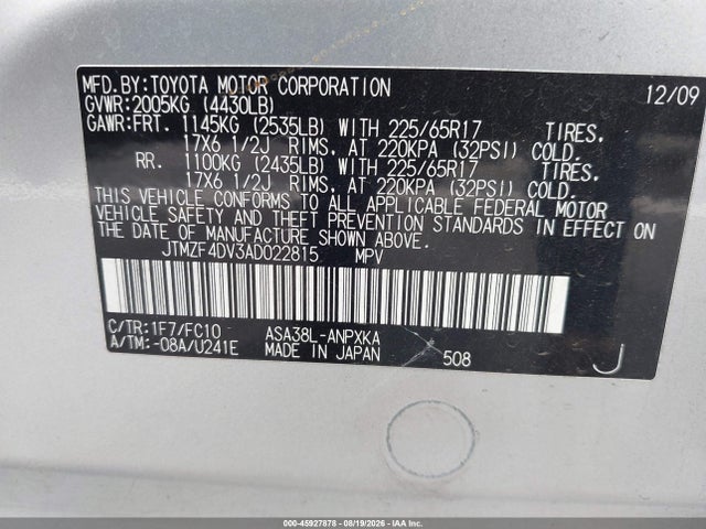 Aukcja sprzedaży 2010 Toyota Rav4, vin: JTMZF4DV3AD022815, numer aukcji: 45927878