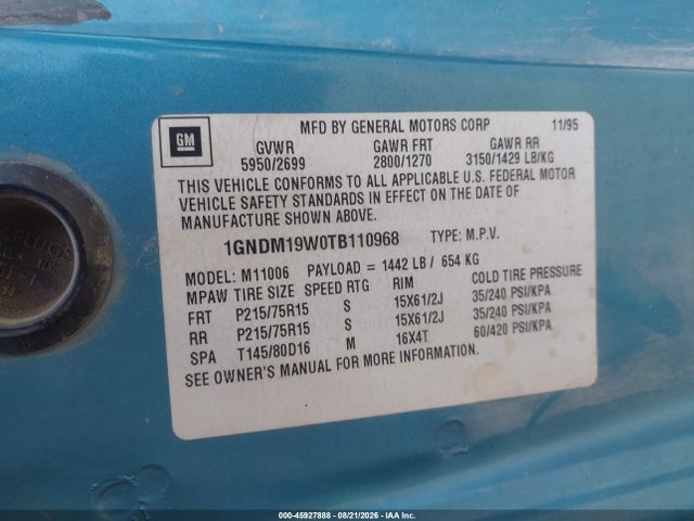 45927888 :رقم المزاد ، 1GNDM19W0TB110968 vin ، 1996 Chevrolet Astro مزاد بيع