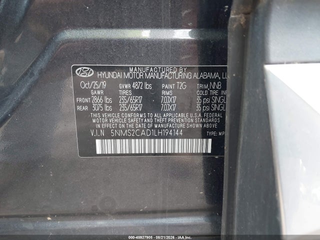 Продаж на аукціоні авто 2020 Hyundai Santa Fe Se, vin: 5NMS2CAD1LH194144, номер лоту: 45927905