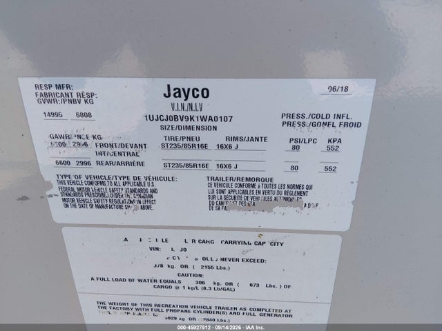 2019 Jayco Other მანქანა იყიდება აუქციონზე, vin: 1UJCJ0BV9K1WA0107, აუქციონის ნომერი: 45927912