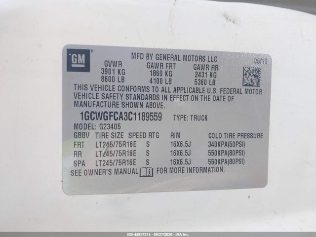 Продаж на аукціоні авто 2012 Chevrolet Express 2500 Work Van, vin: 1GCWGFCA3C1189559, номер лоту: 45927914