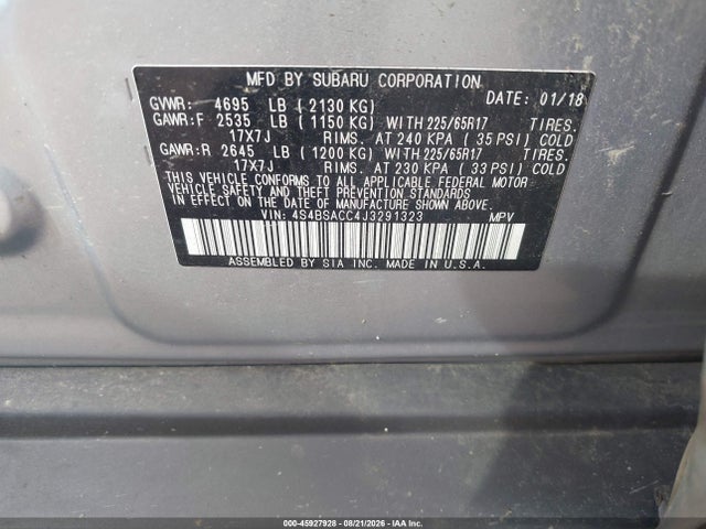 Aukcja sprzedaży 2018 Subaru Outback 2.5i Premium, vin: 4S4BSACC4J3291323, numer aukcji: 45927928