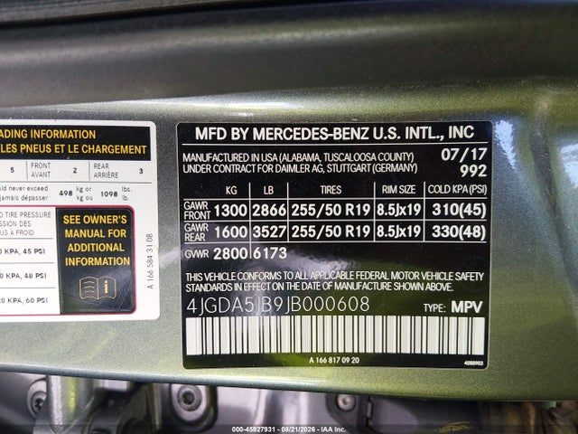 Продаж на аукціоні авто 2018 Mercedes-benz Gle 350, vin: 4JGDA5JB9JB000608, номер лоту: 45927931