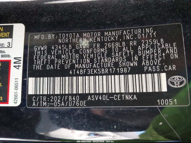 Aukcja sprzedaży 2011 Toyota Camry Le, vin: 4T4BF3EK5BR171987, numer aukcji: 45927954