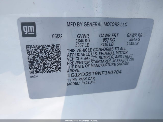 2022 Chevrolet Malibu Fwd Lt მანქანა იყიდება აუქციონზე, vin: 1G1ZD5ST9NF150704, აუქციონის ნომერი: 45927955