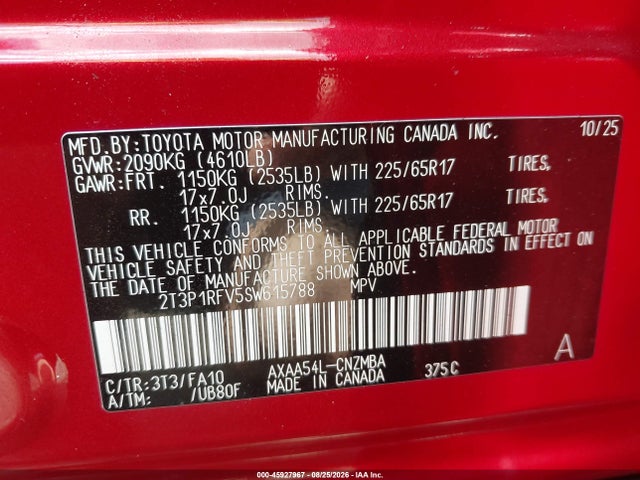 45927967 :رقم المزاد ، 2T3P1RFV5SW615788 vin ، 2025 Toyota Rav4 Xle مزاد بيع