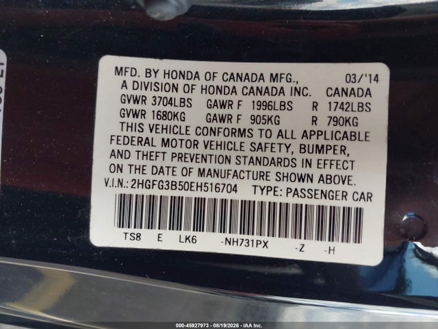 2014 Honda Civic Lx მანქანა იყიდება აუქციონზე, vin: 2HGFG3B50EH516704, აუქციონის ნომერი: 45927973