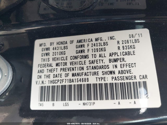 Auction sale of the 2011 Honda Accord 2.4 Ex, vin: 1HGCP2F71BA154689, lot number: 45927975