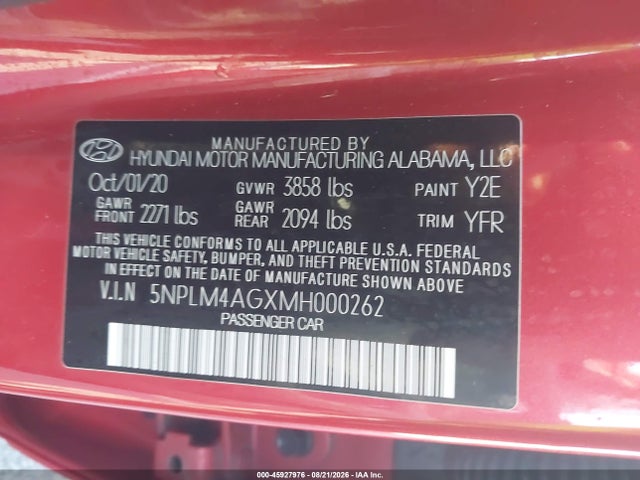 Aukcja sprzedaży 2021 Hyundai Elantra Sel, vin: 5NPLM4AGXMH000262, numer aukcji: 45927976
