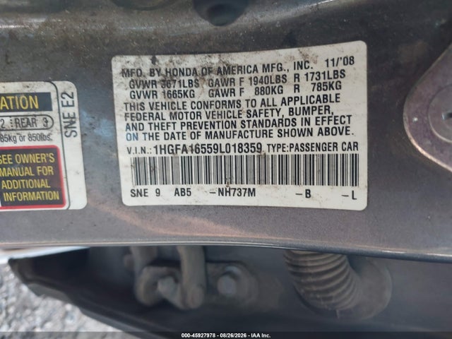 Продаж на аукціоні авто 2009 Honda Civic Lx, vin: 1HGFA16559L018359, номер лоту: 45927978
