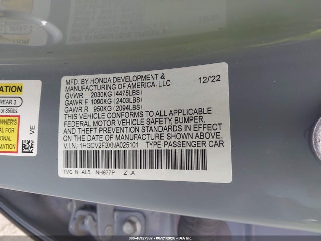 Продажа на аукционе авто 2022 Honda Accord Sport 2.0t, vin: 1HGCV2F3XNA025101, номер лота: 45927987