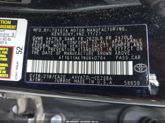 Продажа на аукционе авто 2022 Toyota Camry Se, vin: 4T1G11AK1NU640764, номер лота: 45928002