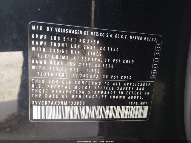 2022 Volkswagen Tiguan 2.0t Se R-line Black მანქანა იყიდება აუქციონზე, vin: 3VVCB7AX0NM133858, აუქციონის ნომერი: 45928008