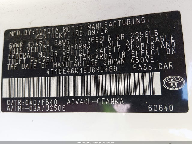 Aukcja sprzedaży 2009 Toyota Camry Le, vin: 4T1BE46K19U880489, numer aukcji: 45928022