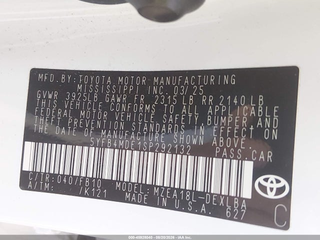 Aukcja sprzedaży 2025 Toyota Corolla Le, vin: 5YFB4MDE1SP292132, numer aukcji: 45928040