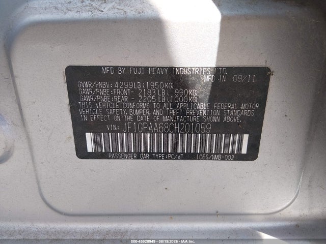 Продаж на аукціоні авто 2012 Subaru Impreza 2.0i, vin: JF1GPAA68CH201059, номер лоту: 45928049