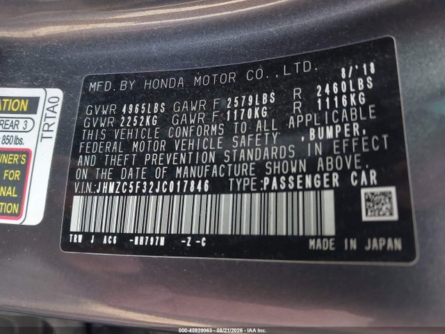 Aukcja sprzedaży 2018 Honda Clarity Plug-in Hybrid Touring, vin: JHMZC5F32JC017846, numer aukcji: 45928063