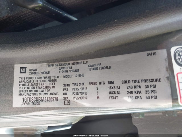 45928068 :رقم المزاد ، 1GTDSCDE3A8136970 vin ، 2010 Gmc Canyon Sle1 مزاد بيع